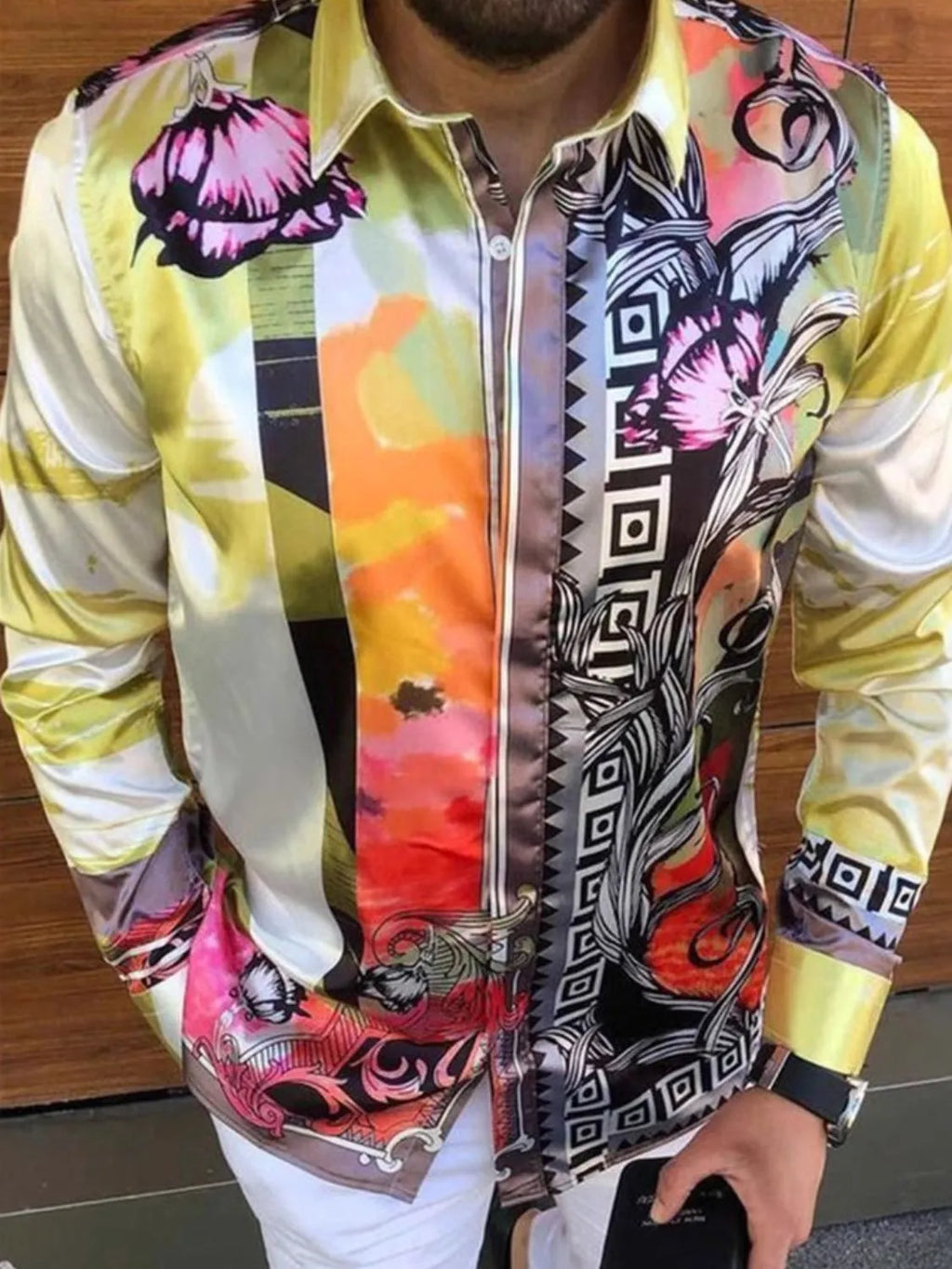 Colorful LuckeLadybug LLC button up shirt for men with vibrant floral and abstract design