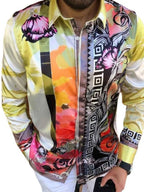 Colorful Button Up Shirt for Men with Floral and Geometric Designs from LuckeLadybug LLC