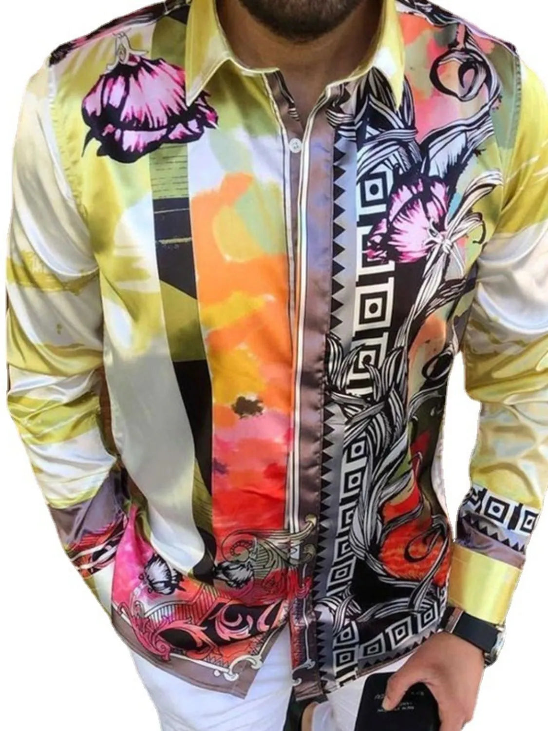 Colorful Button Up Shirt for Men with Floral and Geometric Designs from LuckeLadybug LLC