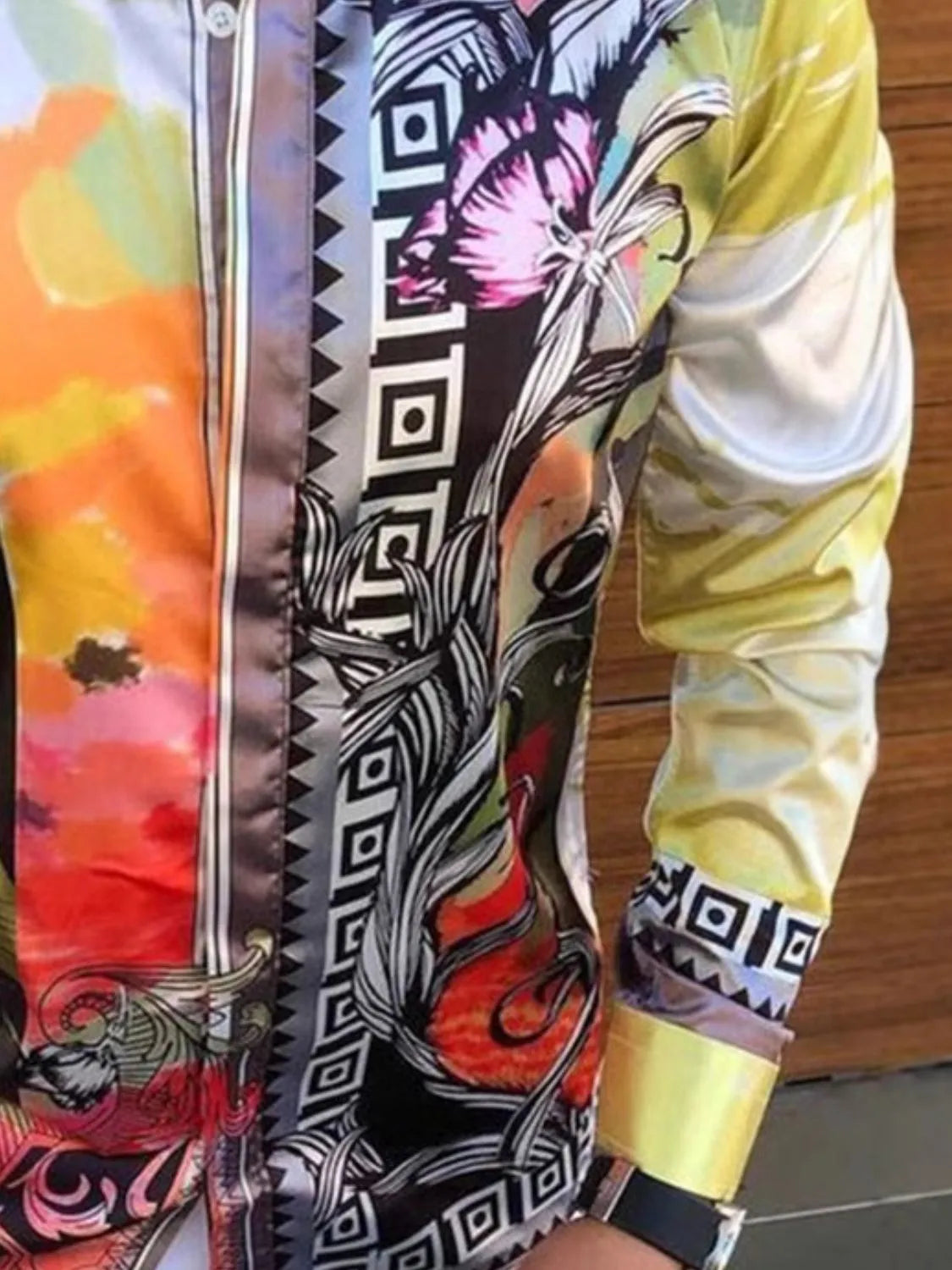 Colorful LuckeLadybug LLC button up shirt for men with floral and geometric patterns