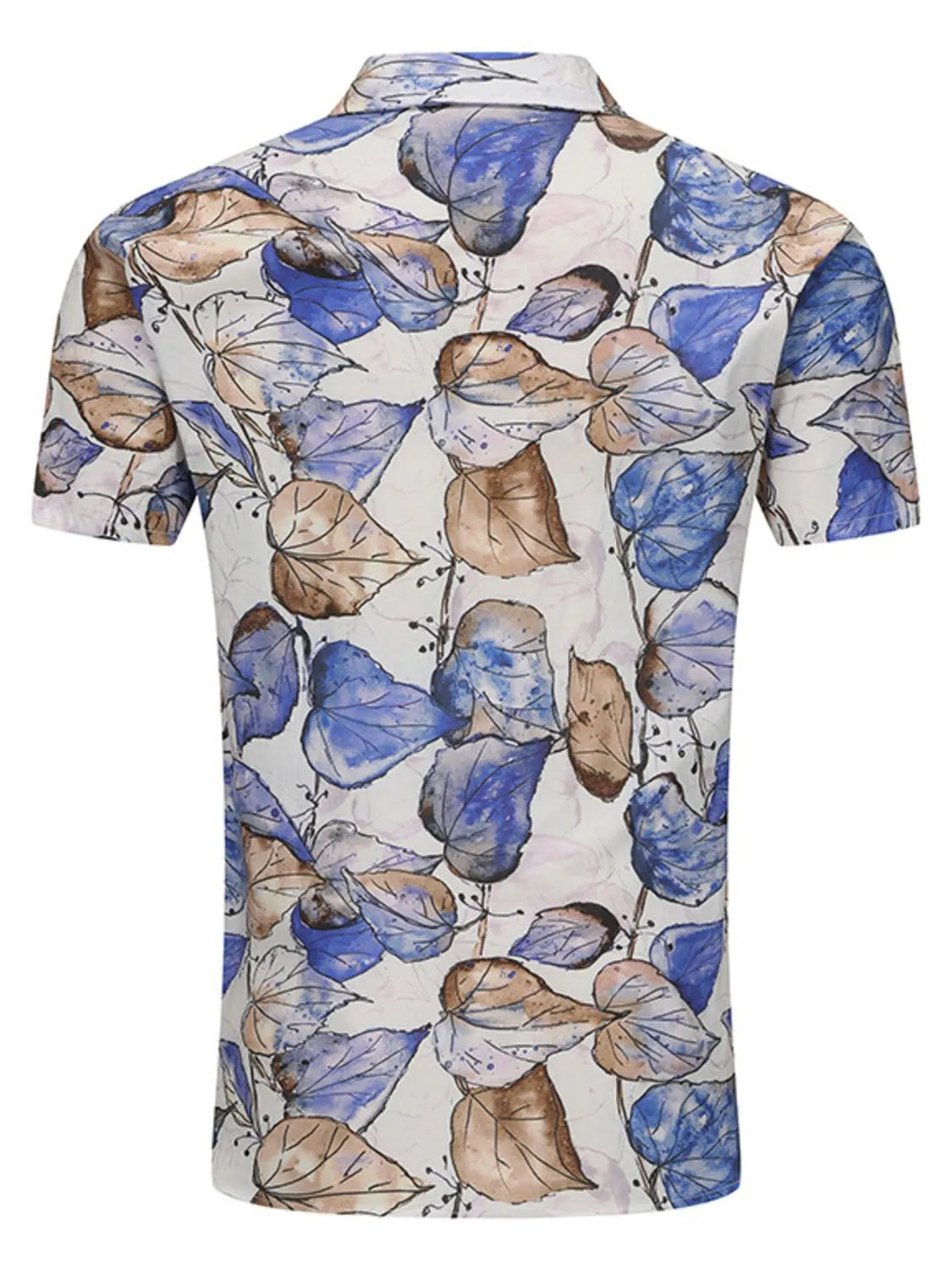 Back view of a LuckeLadybug LLC stylish button up shirt for men featuring a watercolor leaf pattern