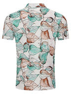 Floral patterned button up shirt for men with a colorful leaf design on a light background