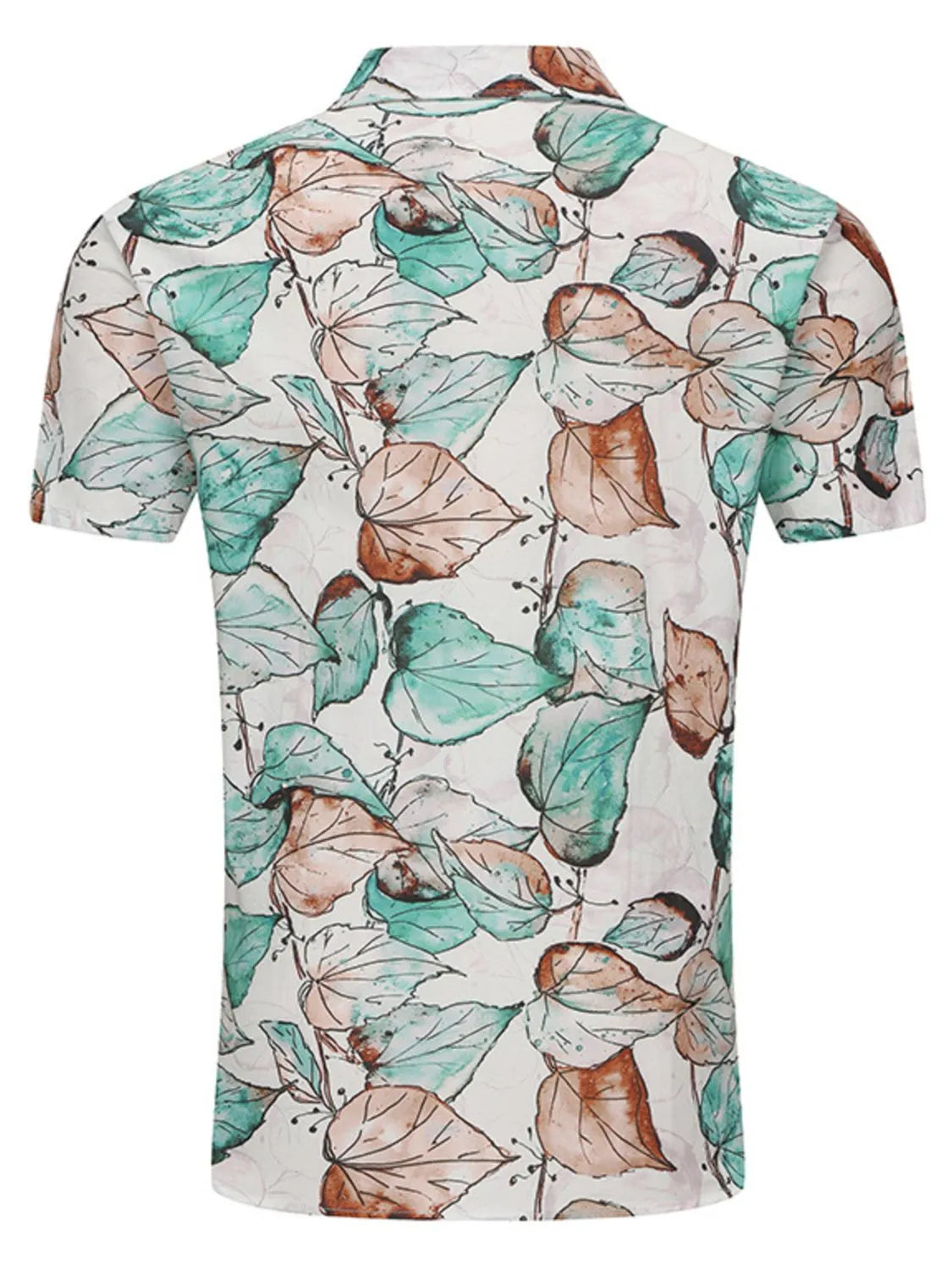 Floral patterned button up shirt for men with a colorful leaf design on a light background