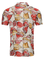 Back view of a LuckeLadybug LLC button up shirt for men with colorful leaf patterns