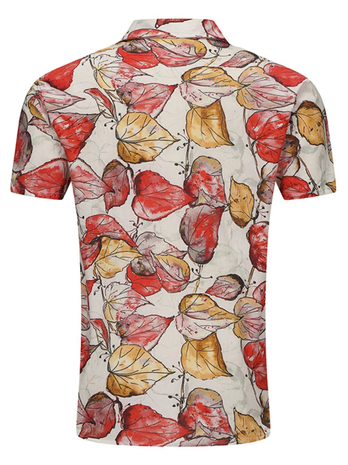 Back view of a LuckeLadybug LLC button up shirt for men with colorful leaf patterns