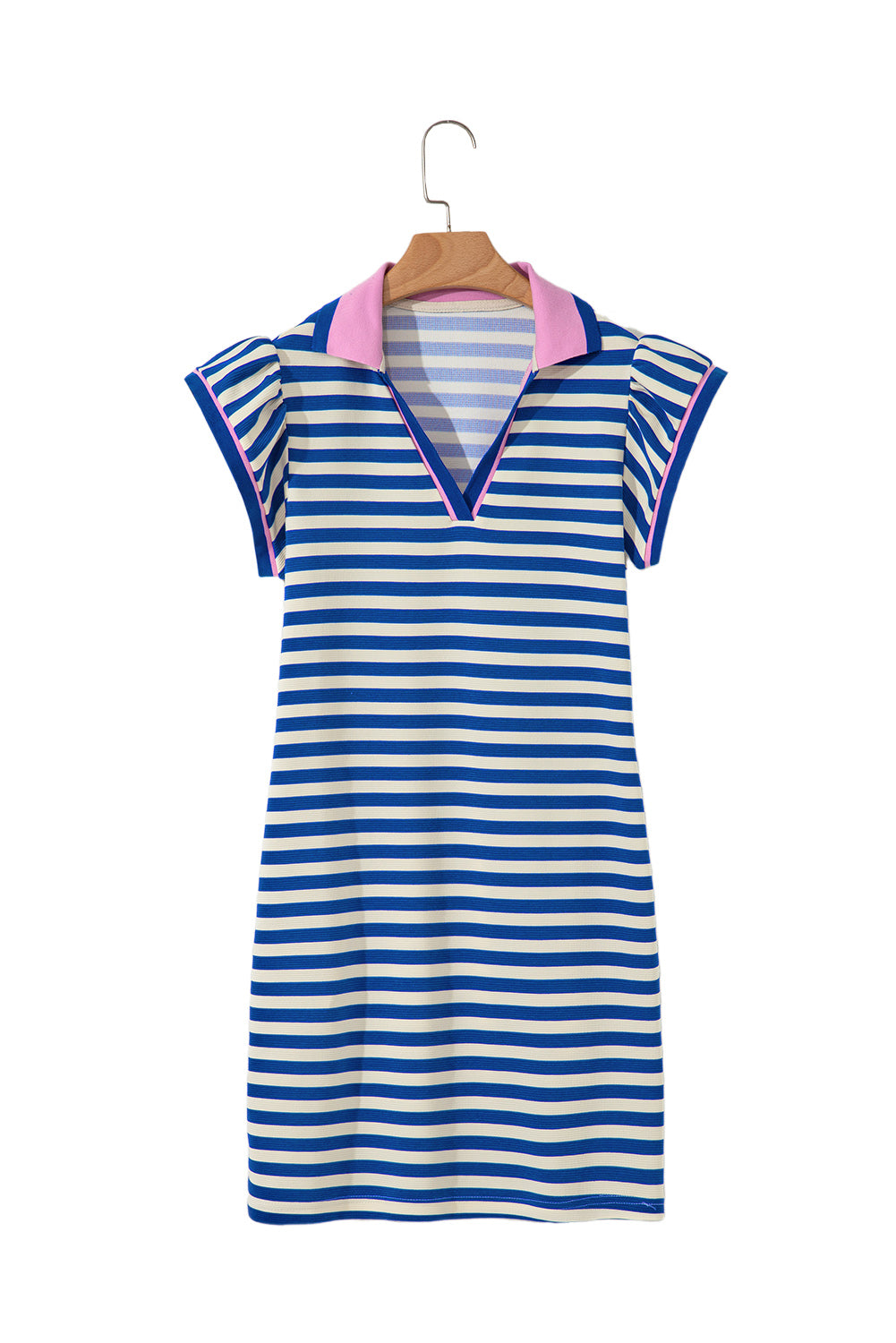 Ruffled Dark Blue Striped Flutter Sleeve Dress