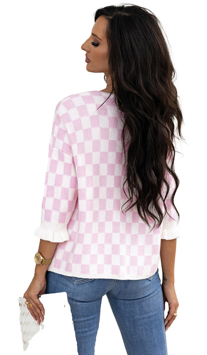 Light Pink Checkered Cardigan With Ribbons