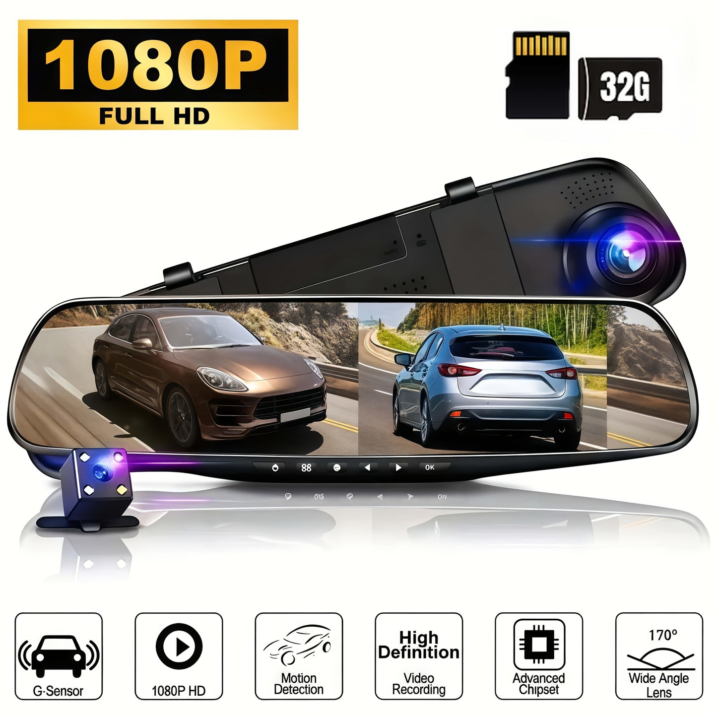 FHD Night Vision Dash Cam With Rear View