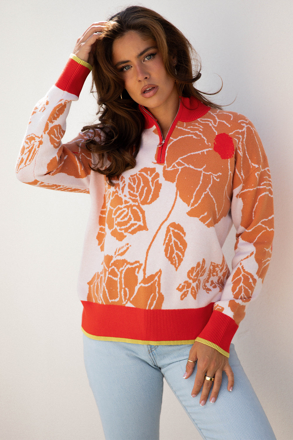 Khaki Floral Pullover Sweater