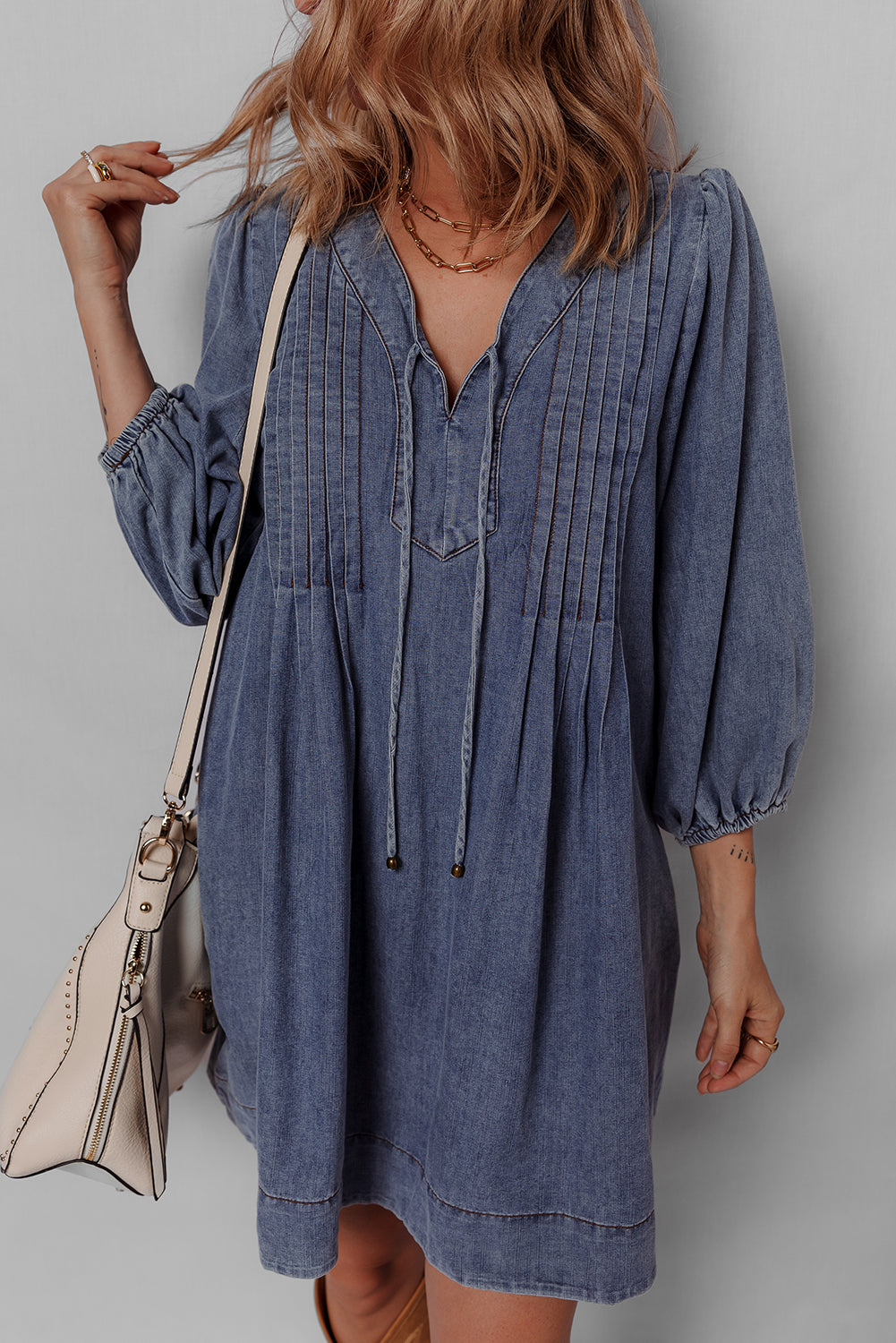 Denim Mini Dress With Tie Neck Long Sleeve
