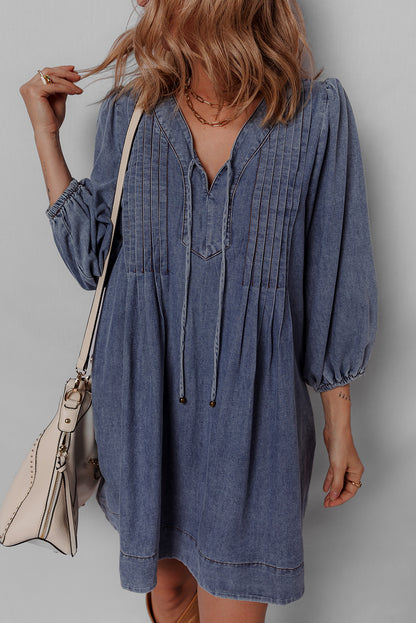 Denim Mini Dress With Tie Neck Long Sleeve