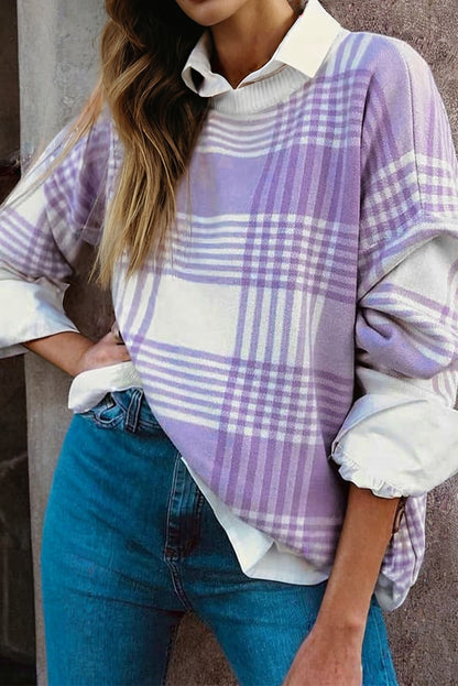 Lilac Plaid Sweater For Trendy Fashion