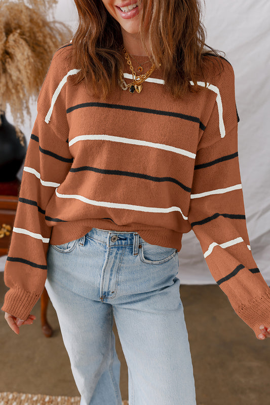 Brown Stripe Drop Shoulder Sweater