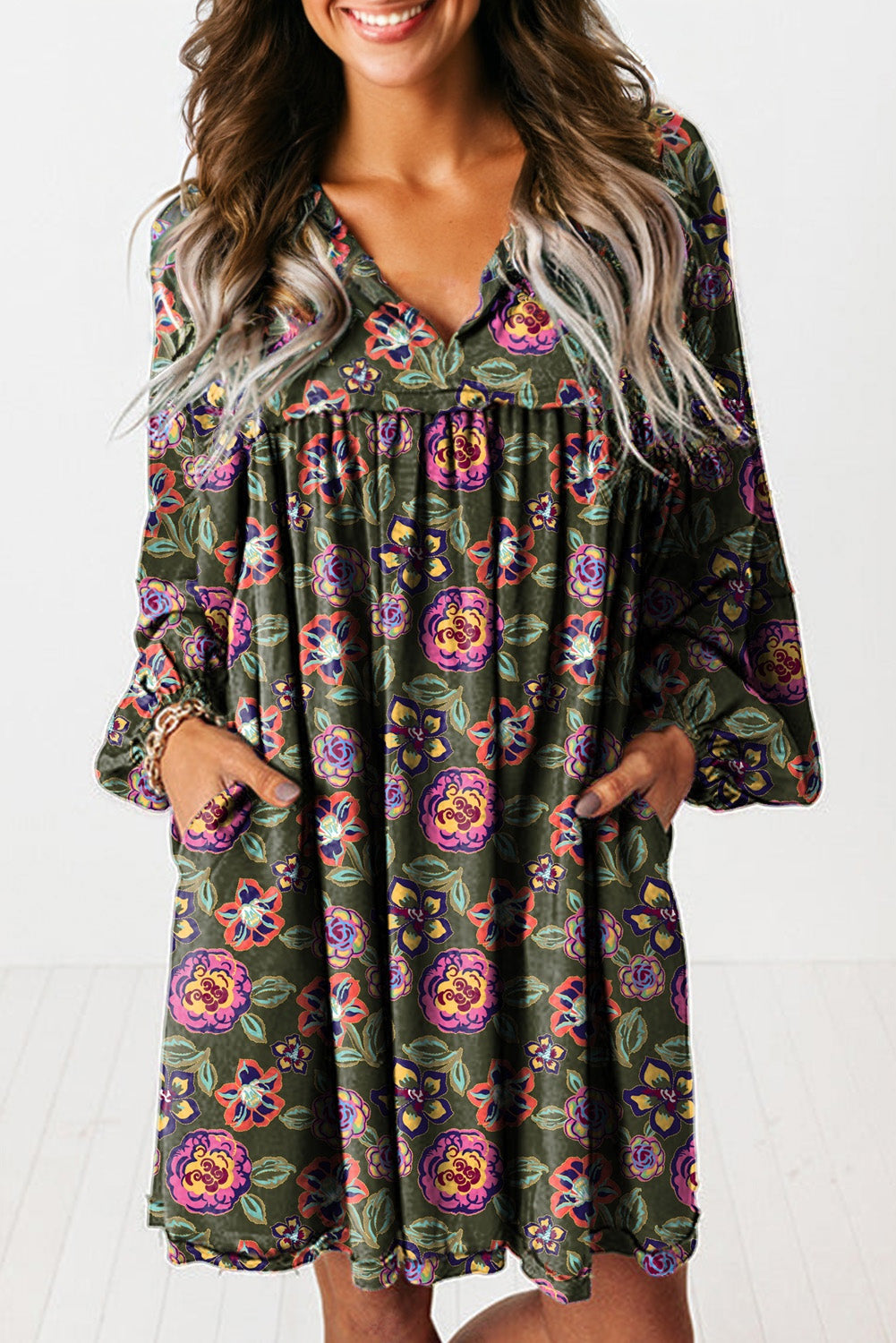 Green Floral Mini Dress Long Sleeve Pockets