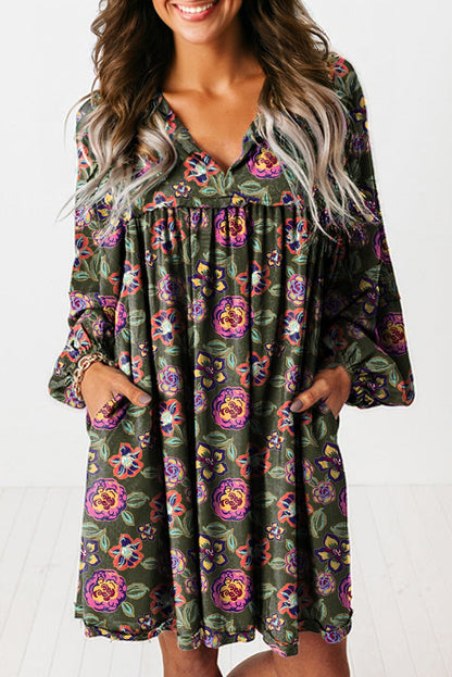 Green Floral Mini Dress Long Sleeve Pockets