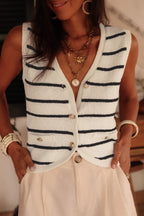 Black Stripe Buttoned V Neck Slim Fit Sweater Vest