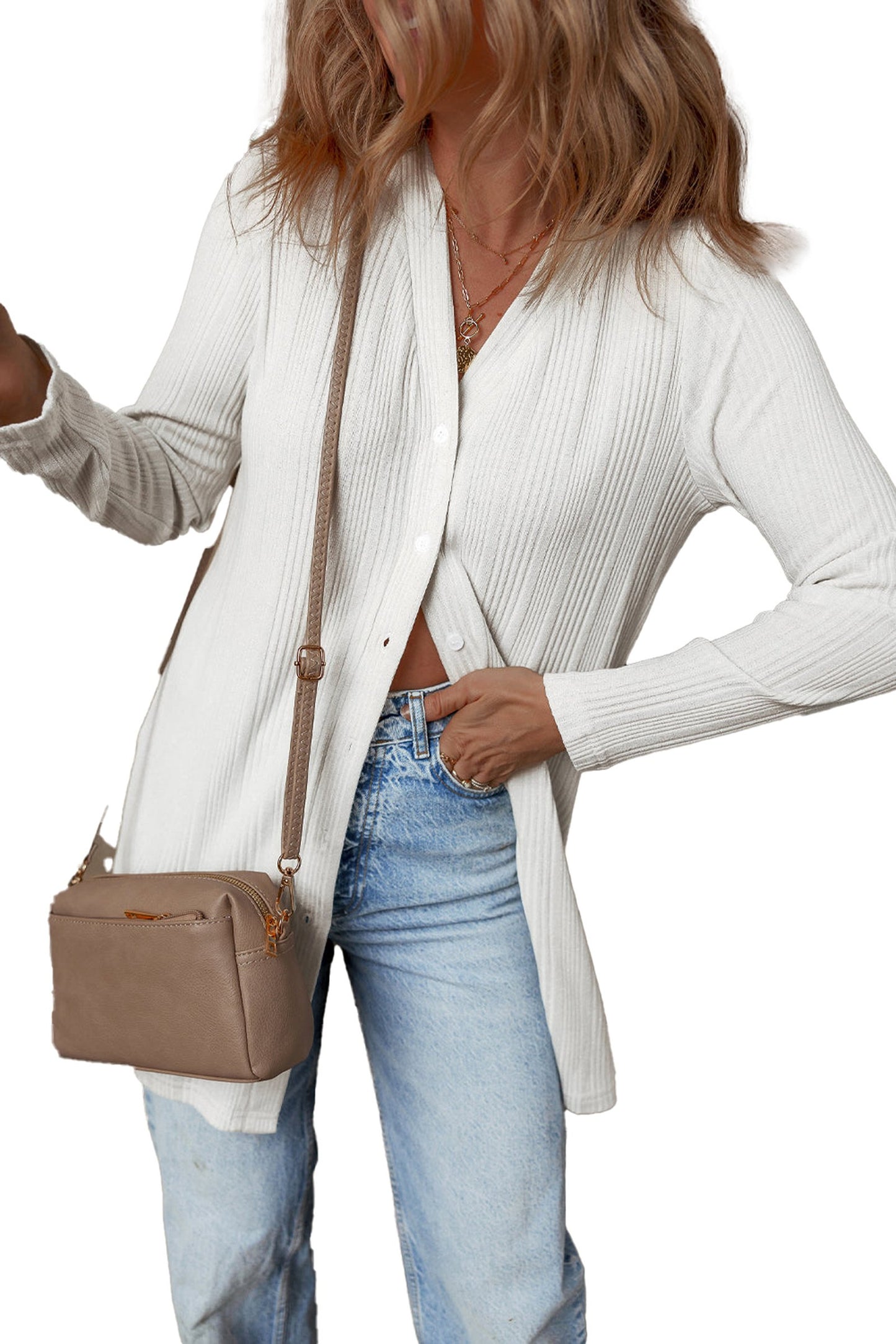 White Ribbed Button Up Tunic Cardigan