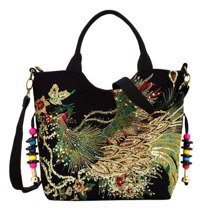 Wo's Embroidered Satchel Bag - Retro Double Handle Handbag with