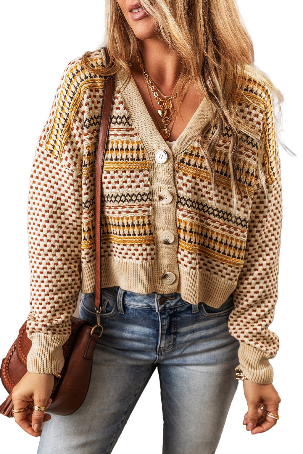 Khaki Buttoned V Neck Cropped Cardigan