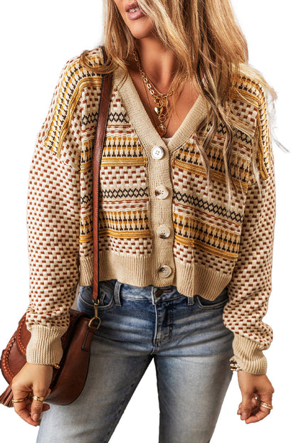 Khaki Buttoned V Neck Cropped Cardigan