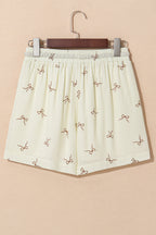 White Bow Print Lace Drawstring Elastic Waistband Casual Shorts