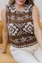 Brown Southwestern Aztec Button Square Neck Sweater Vest