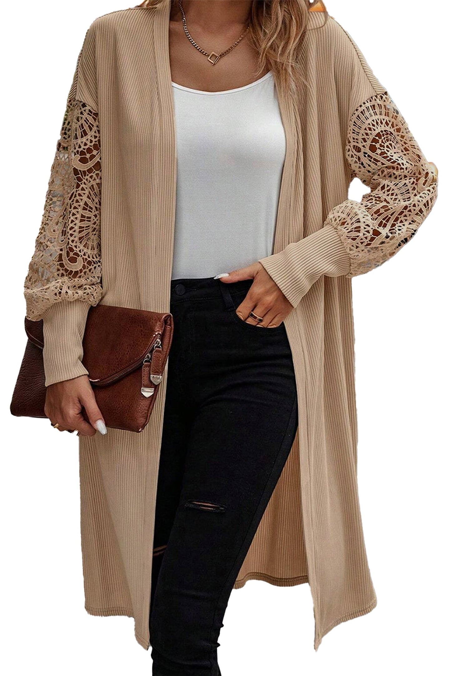 Ribbed Knit Open Front Duster Cardigan