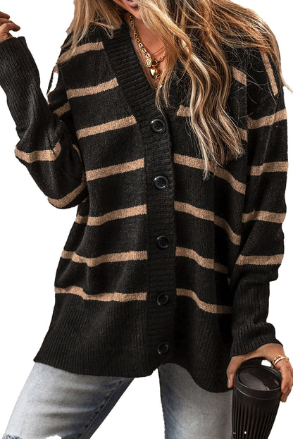 Black Stripe Buttoned Cardigan For Fashionistas