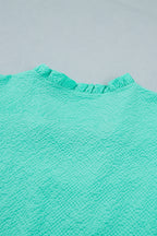Mint Green Frilled V Neck Flower Embroidered Puff Sleeve Textured Blouse