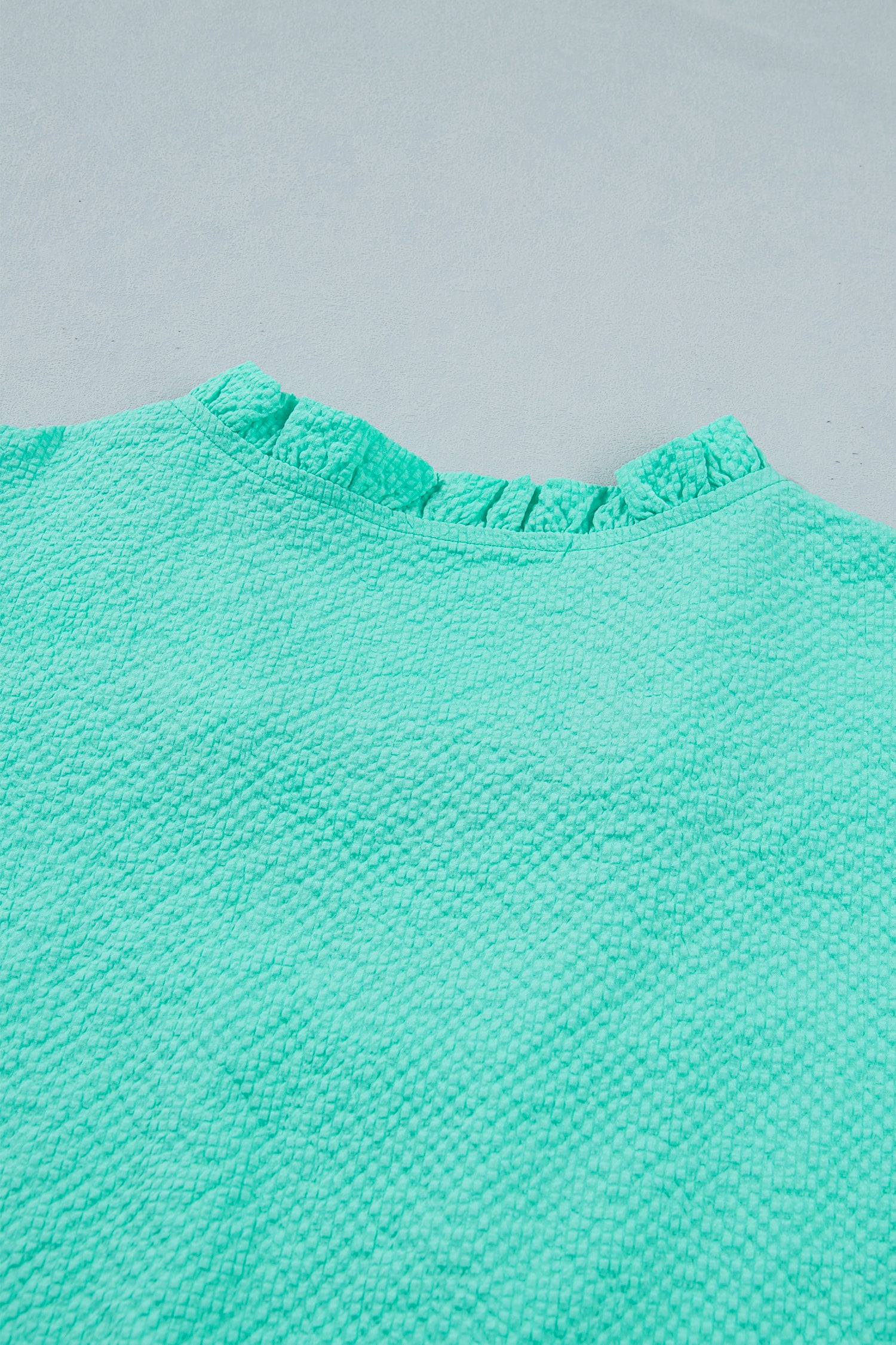 Mint Green Frilled V Neck Flower Embroidered Puff Sleeve Textured Blouse