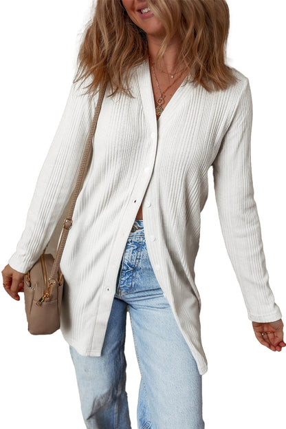 White Ribbed Button Up Tunic Cardigan