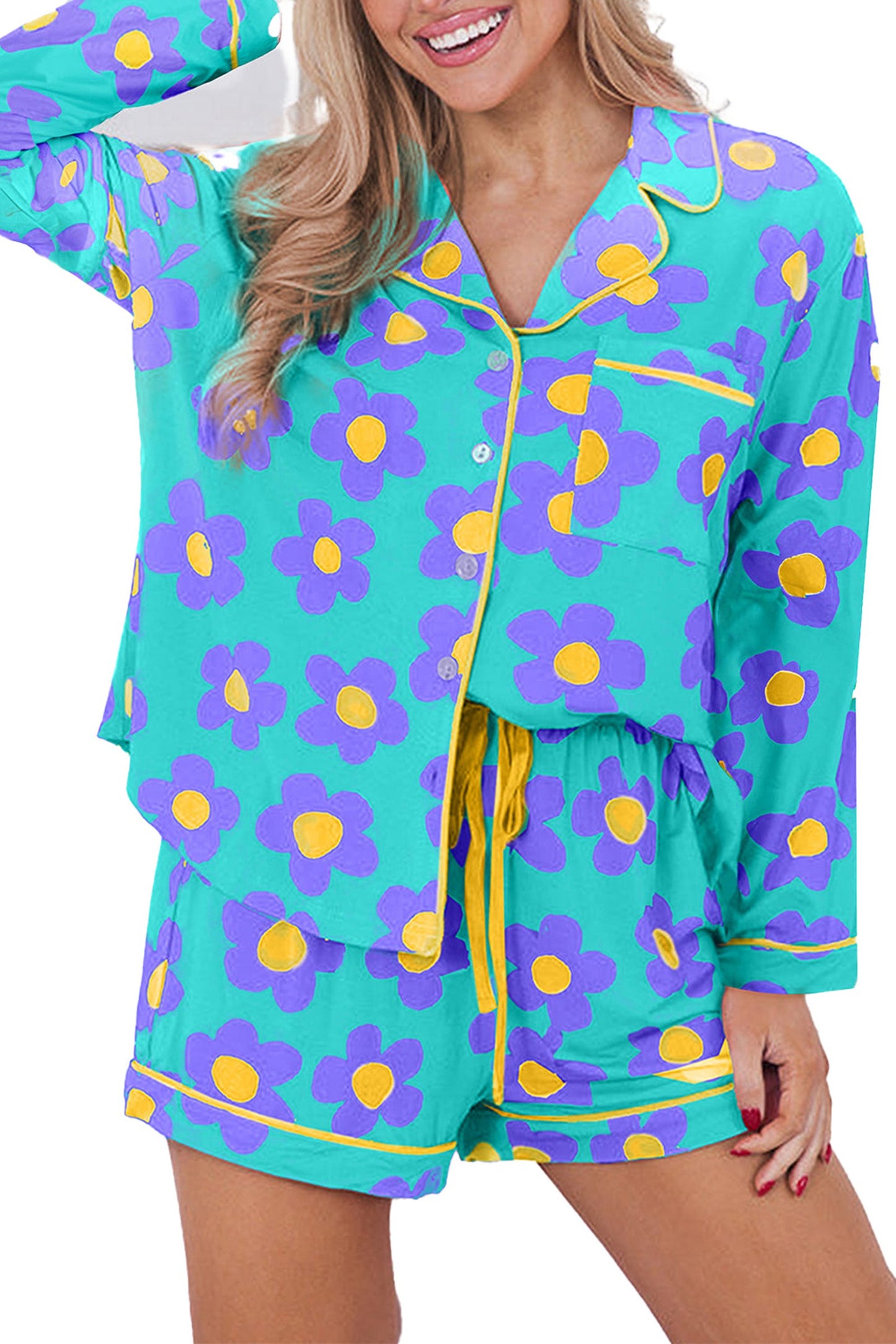 Green Flower Print Pajama Set For Cozy Nights