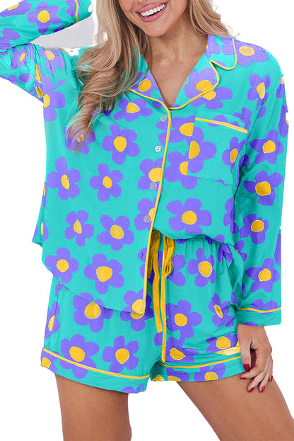 Green Flower Print Pajama Set For Cozy Nights