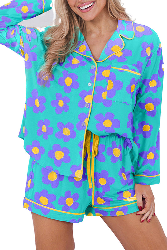 Green Flower Print Pajama Set For Cozy Nights