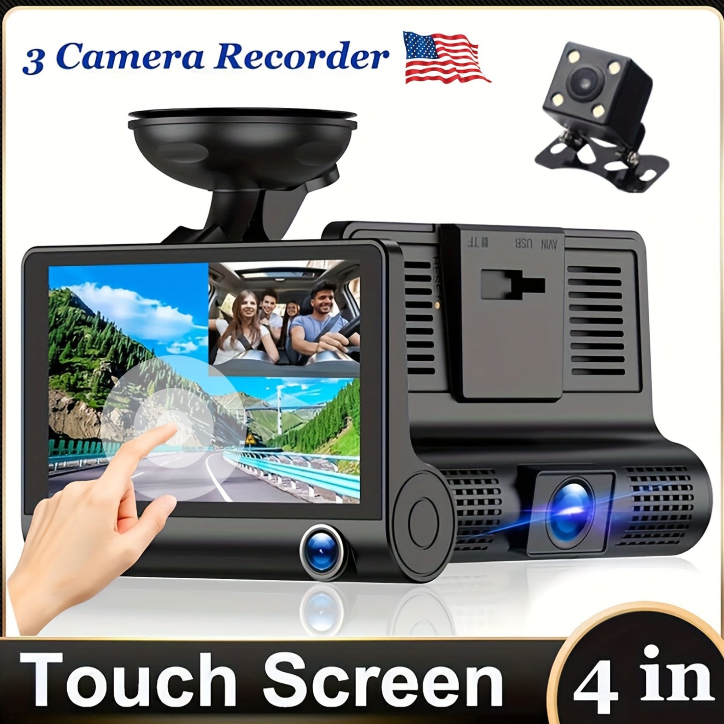 1080p Touch Screen Dash Cam With 3 Cameras