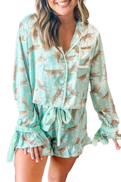 Green Leopard Satin Pajama Set For Women