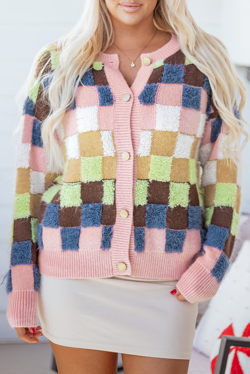 Multicolor Checkered Cardigan Sweater
