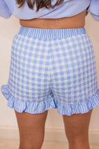 Red Gingham Print Ruffle Striped Detail Lace Tie Shorts