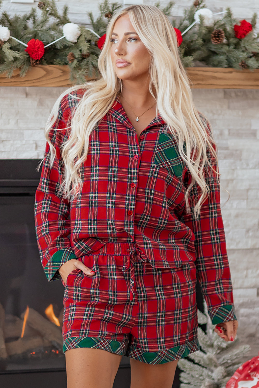 Red Plaid Christmas Pajamas Set For Women