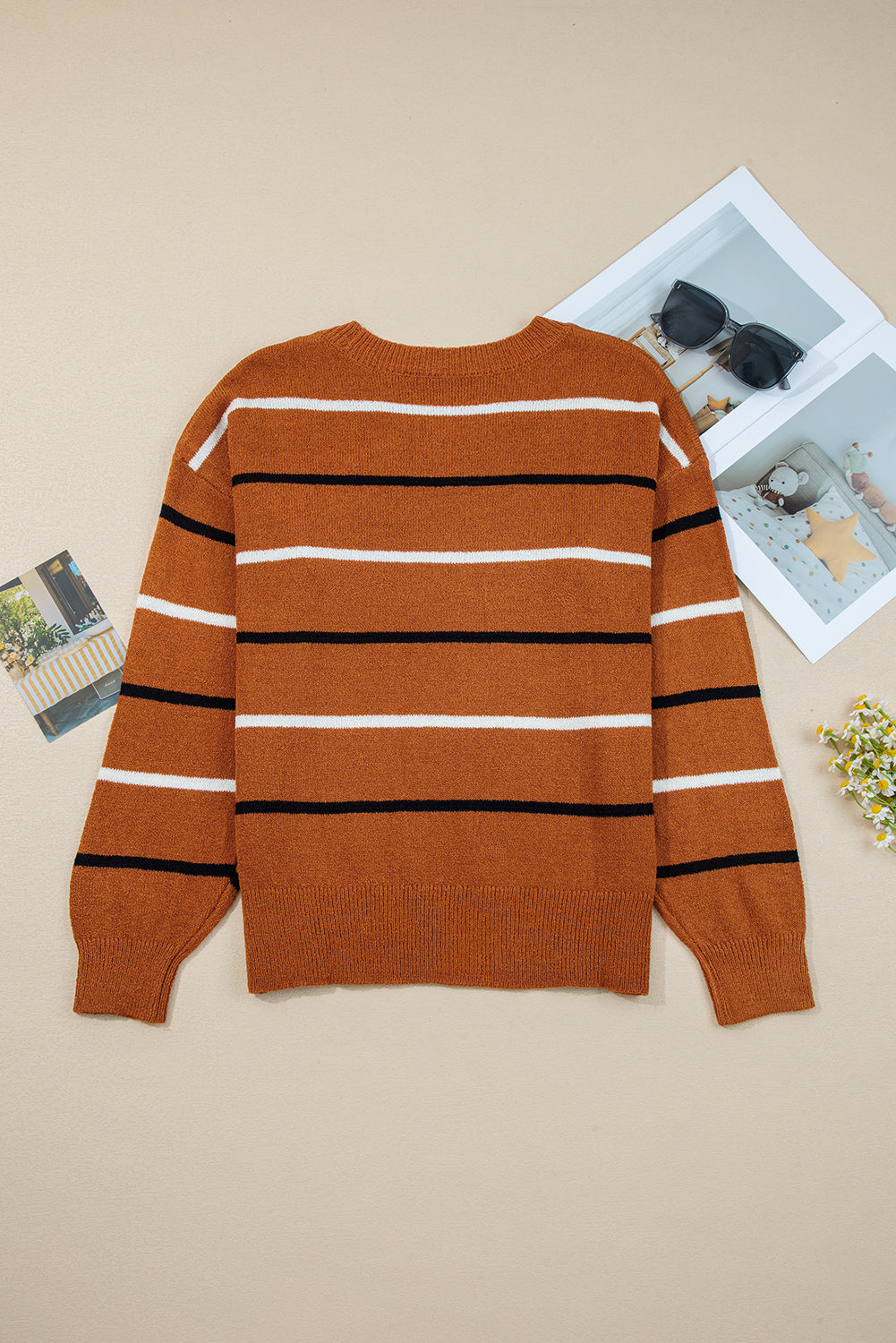 Brown Stripe Drop Shoulder Sweater