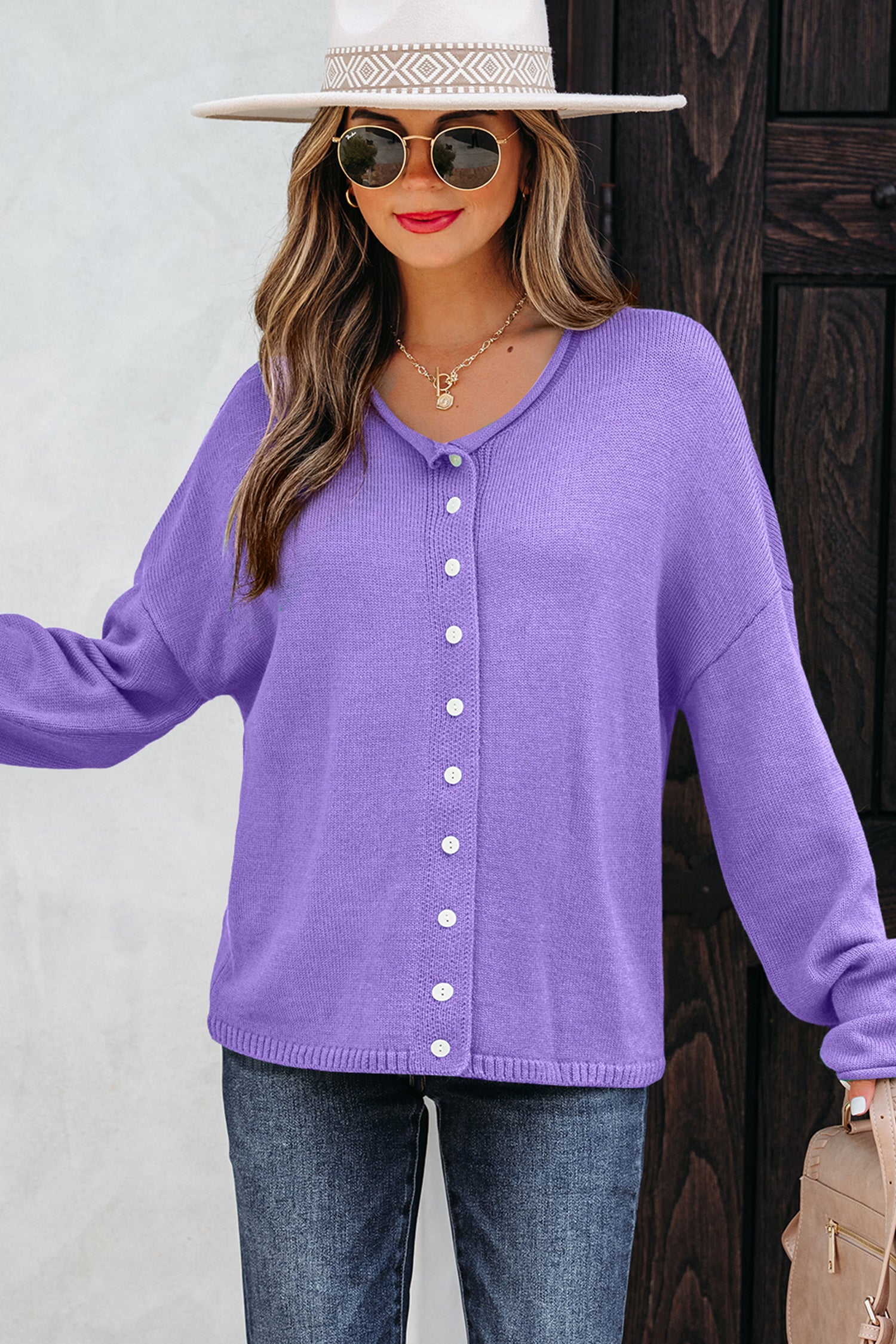 Cable Knit Cardigan Men in Purple