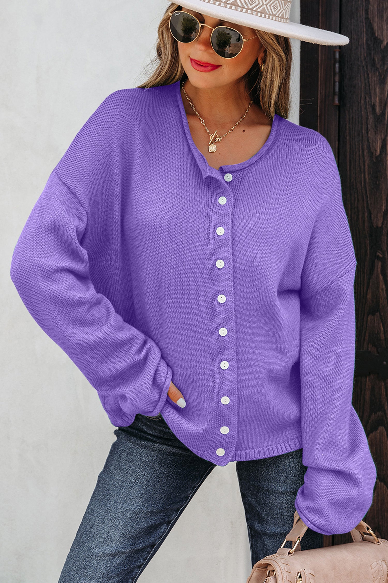 Cable Knit Cardigan Men in Purple