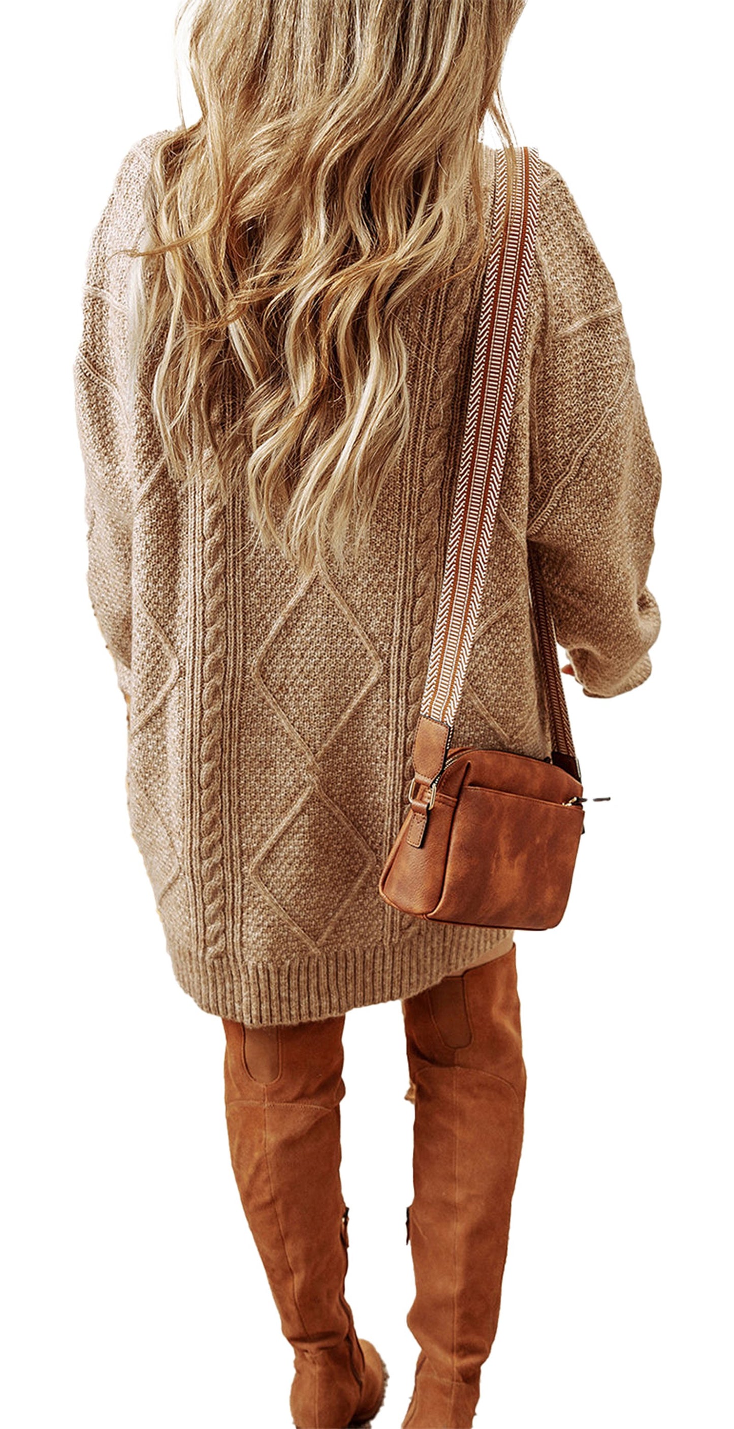 Cable knit sweater dress in beige, featuring a cozy oversized fit with textured design and perfect for autumn looks