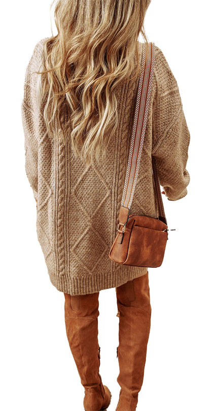 Cable knit sweater dress in beige, featuring a cozy oversized fit with textured design and perfect for autumn looks