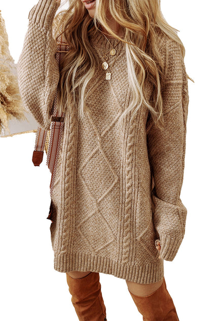 LuckeLadybug cable knit sweater dress in beige with long sleeves and a cozy design