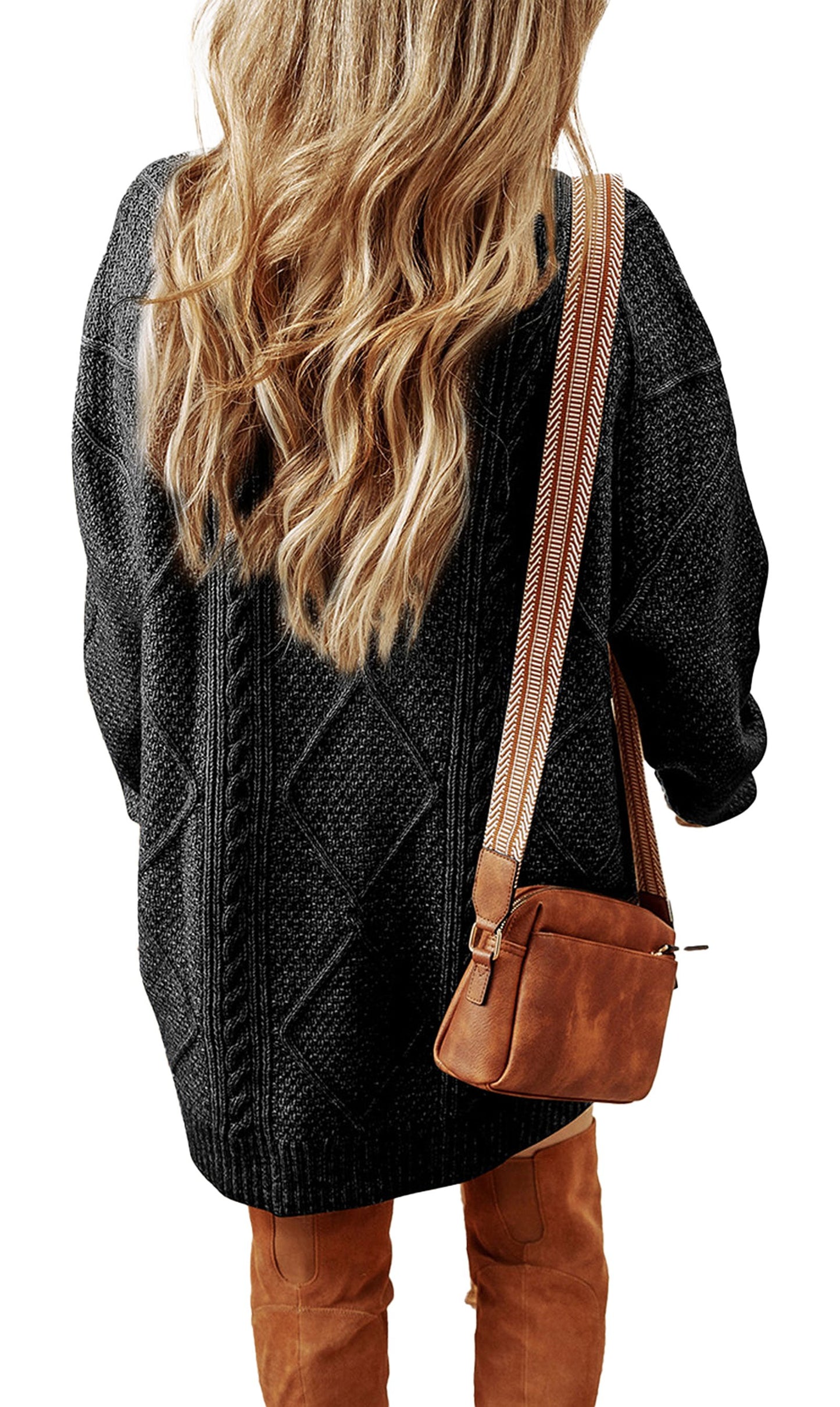 LuckeLadybug cable knit sweater dress in black styled with a brown crossbody bag