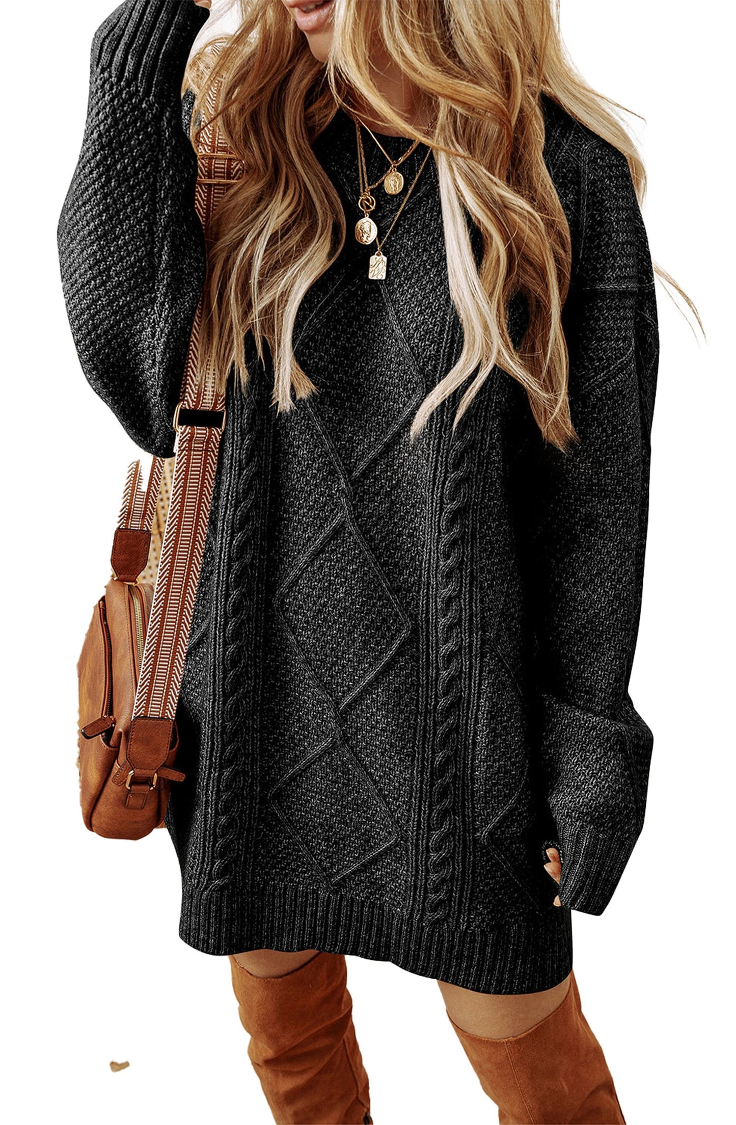 LuckeLadybug cable knit sweater dress in black with a cozy oversized fit and textured design