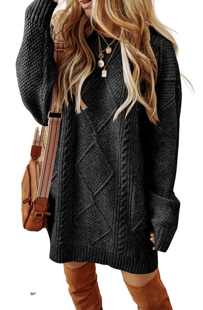 LuckeLadybug cable knit sweater dress in black with a cozy oversized fit and textured design