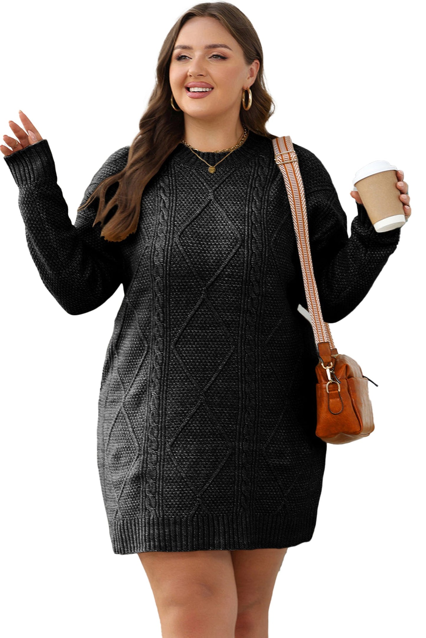 LuckeLadybug black cable knit sweater dress with long sleeves and relaxed fit for casual outings