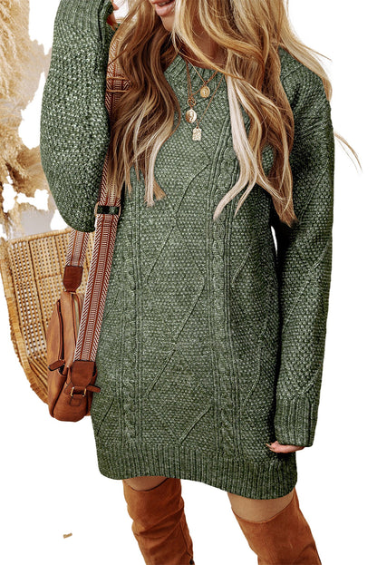 LuckeLadybug cable knit sweater dress in green with a cozy texture, perfect for fall fashion